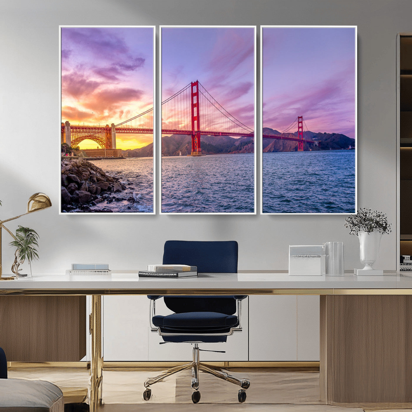 -Golden Gate Bridge Wall Art Canvas Print – Framed San Francisco Sunset Scene with Cityscape Artwork for Home, Office