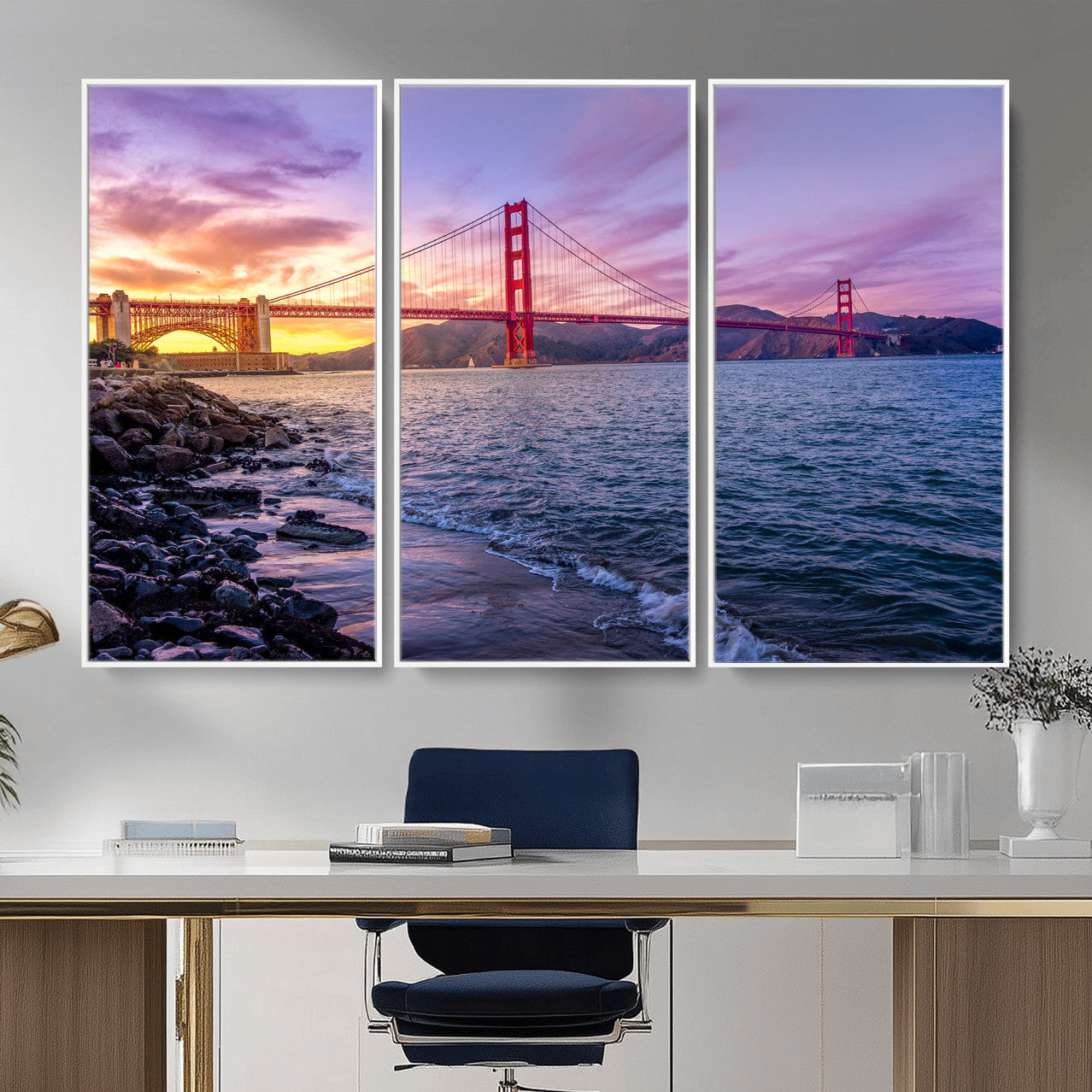 24256-MGV-CV-36X24 - Golden Gate Bridge Wall Art Print, San Francisco Sunset Canvas Wall Art, Cityscape Canvas Print for