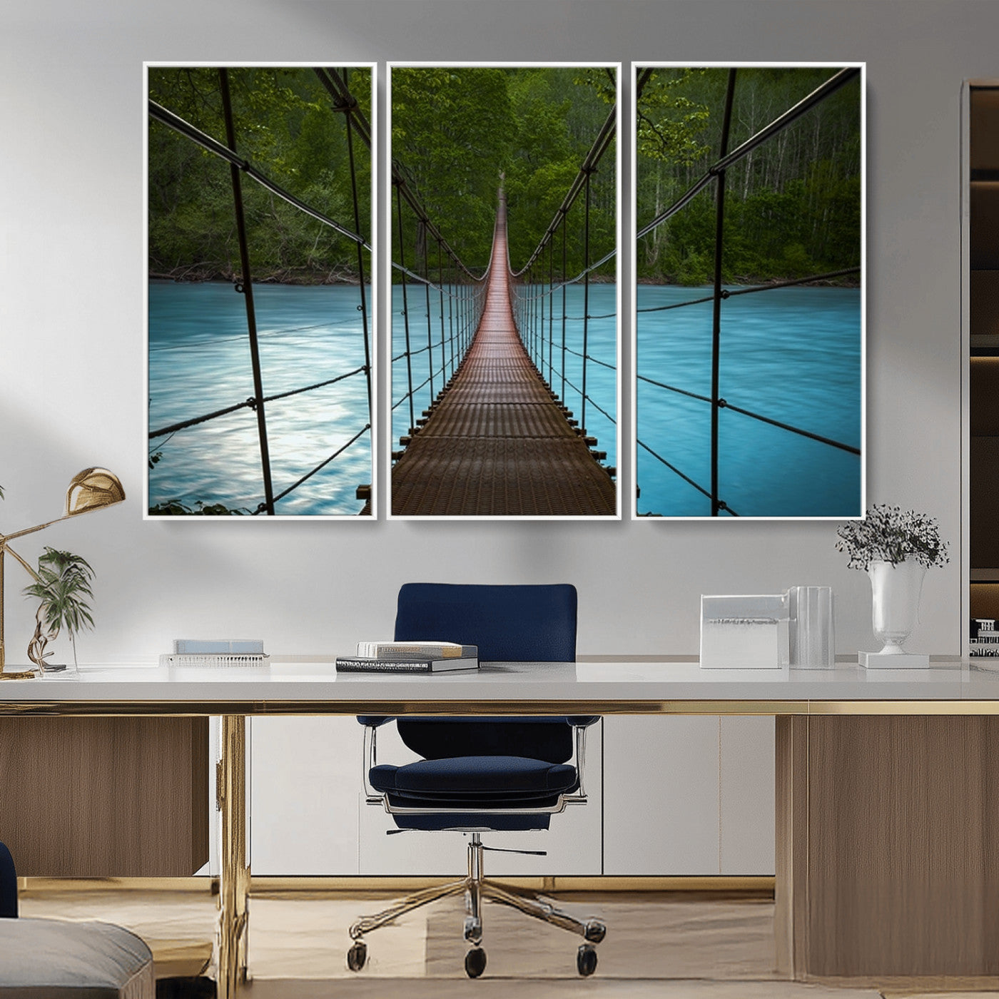 70229-MGV-FC-48X32-3P_White-Suspension Bridge Over River Canvas Art | 3-Panel Nature Photography | Scenic Wall Art for Living