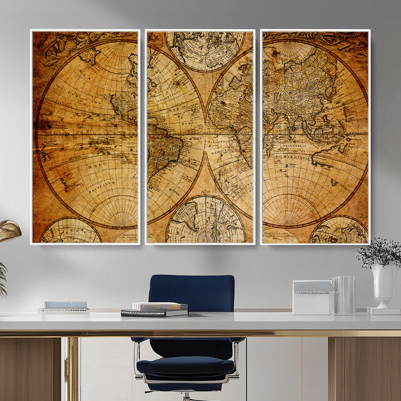 25517-MGV-FC-48X32-3P - Vintage World Map Canvas Print – Antique Push Pin Travel Map, Framed Wall Art for Home or Office Decor