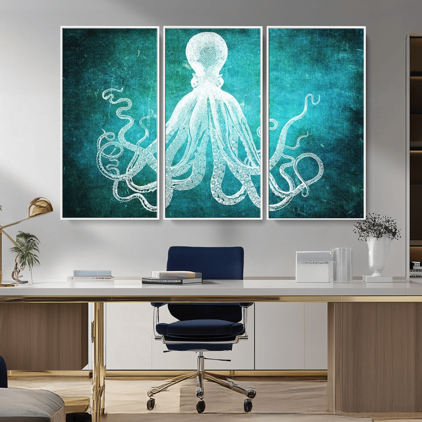 20773-MGV-FC-48X32-3P_White-Green Octopus Abstract Wall Art Canvas Print