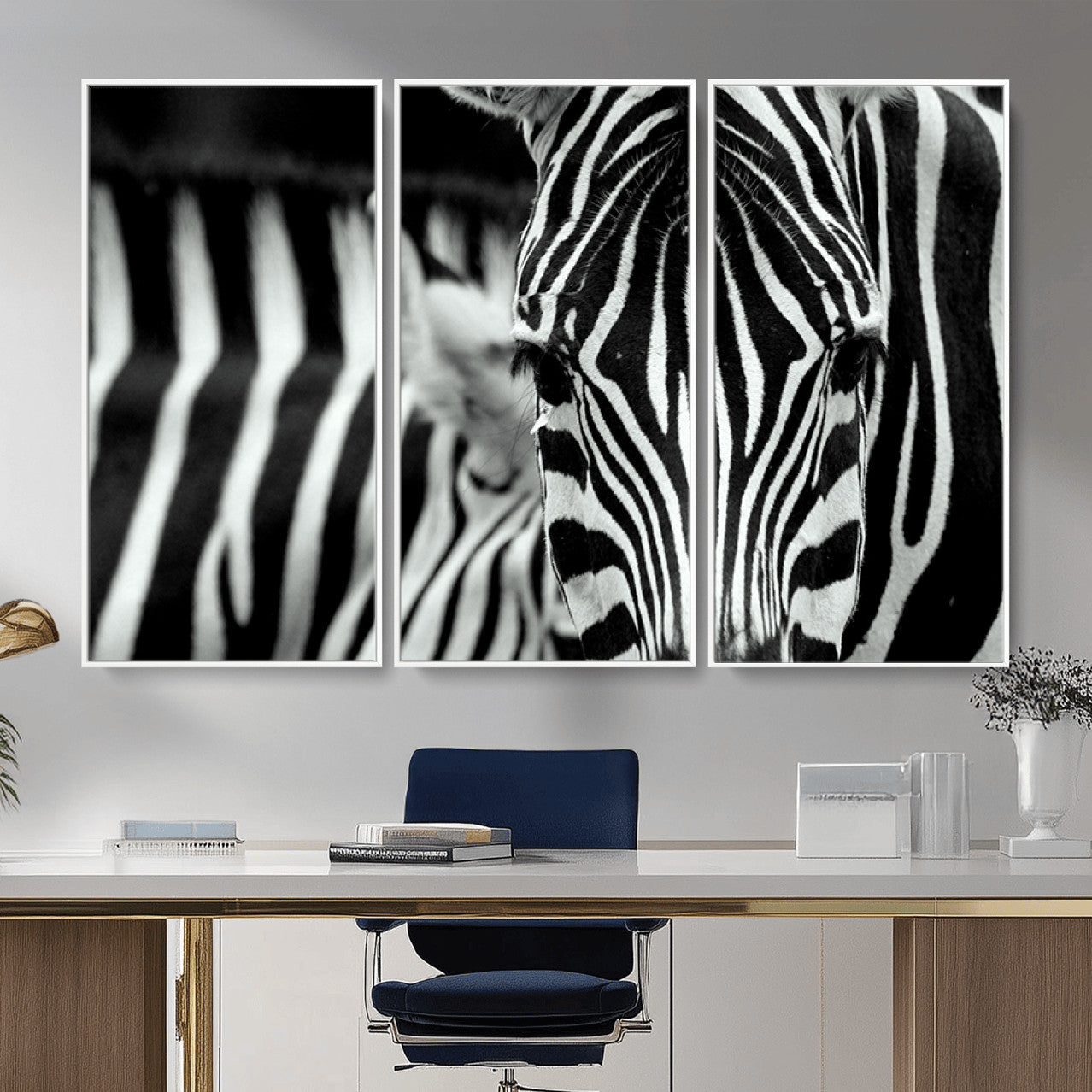 MGV-FC-48X32-3P - Zebra Wall Art – Close Up Black and White Animal Print, Bold Safari Decor for Living Room, Office, or Bedroom