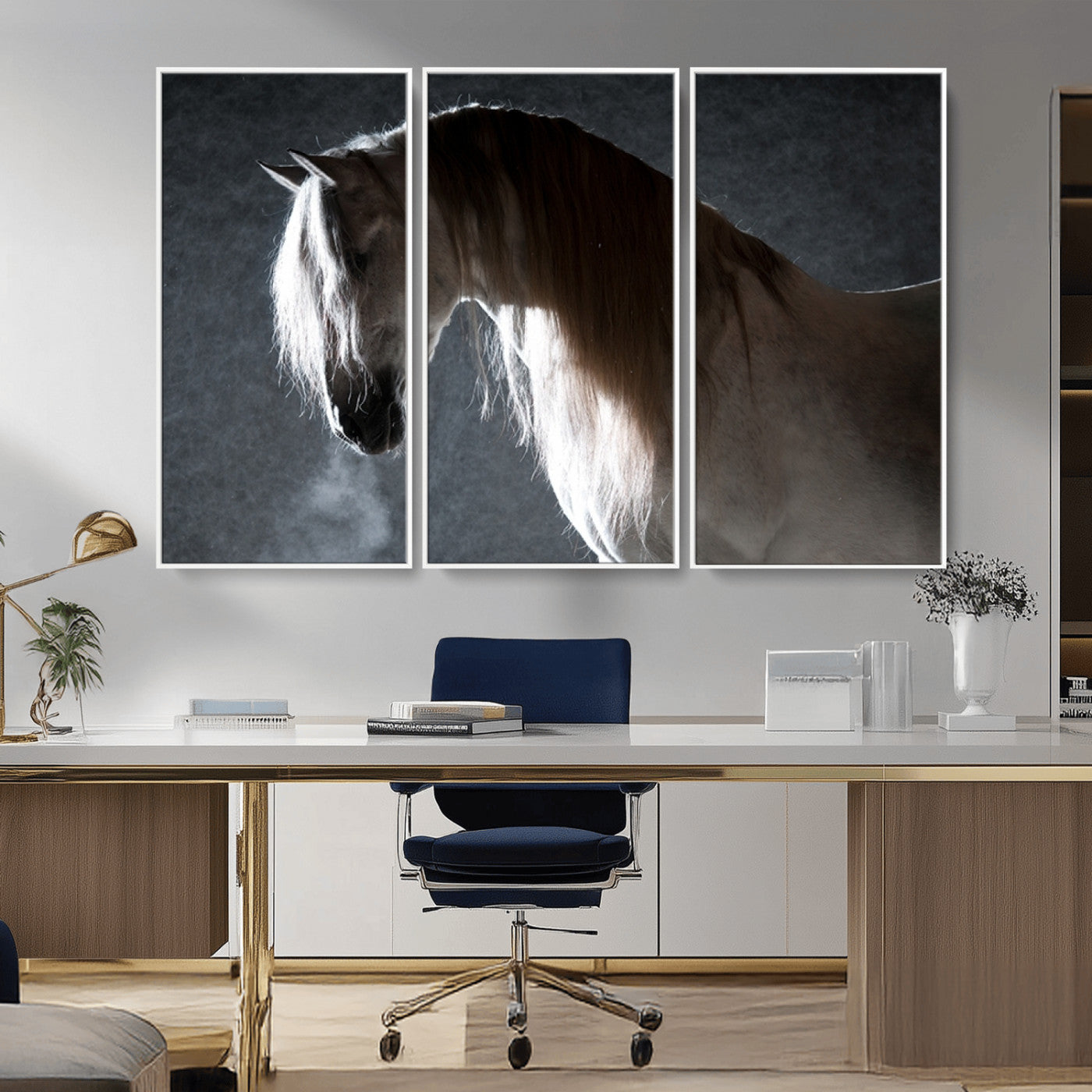 -Large Wall Art Cream Colored Horse on Grey Background Canvas Print