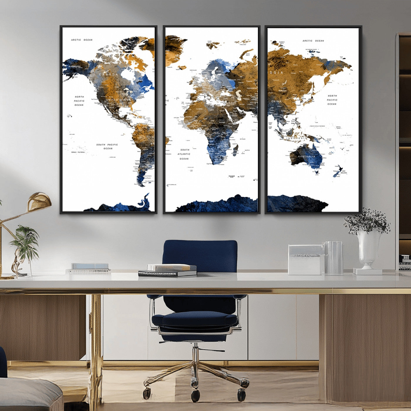 56231-MGV-CV-36X24-Navy and Gold World Map Canvas Wall Art – Framed Modern World Map Print, Elegant Travel Inspired Artwork for Home and Office Decor