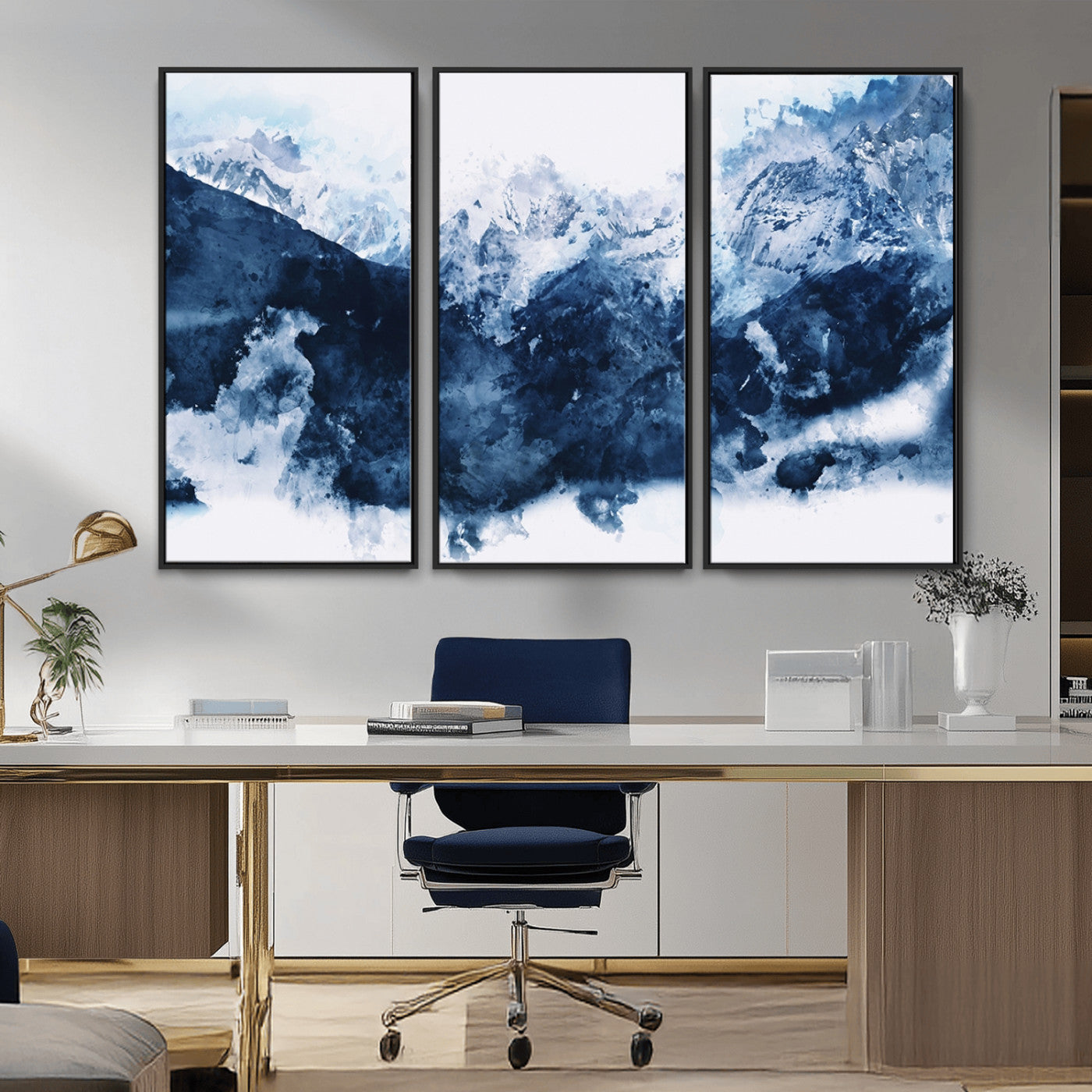 -Abstract Blue Mountain Canvas Wall Art – Modern Triptych Landscape Print – Contemporary Nature Decor