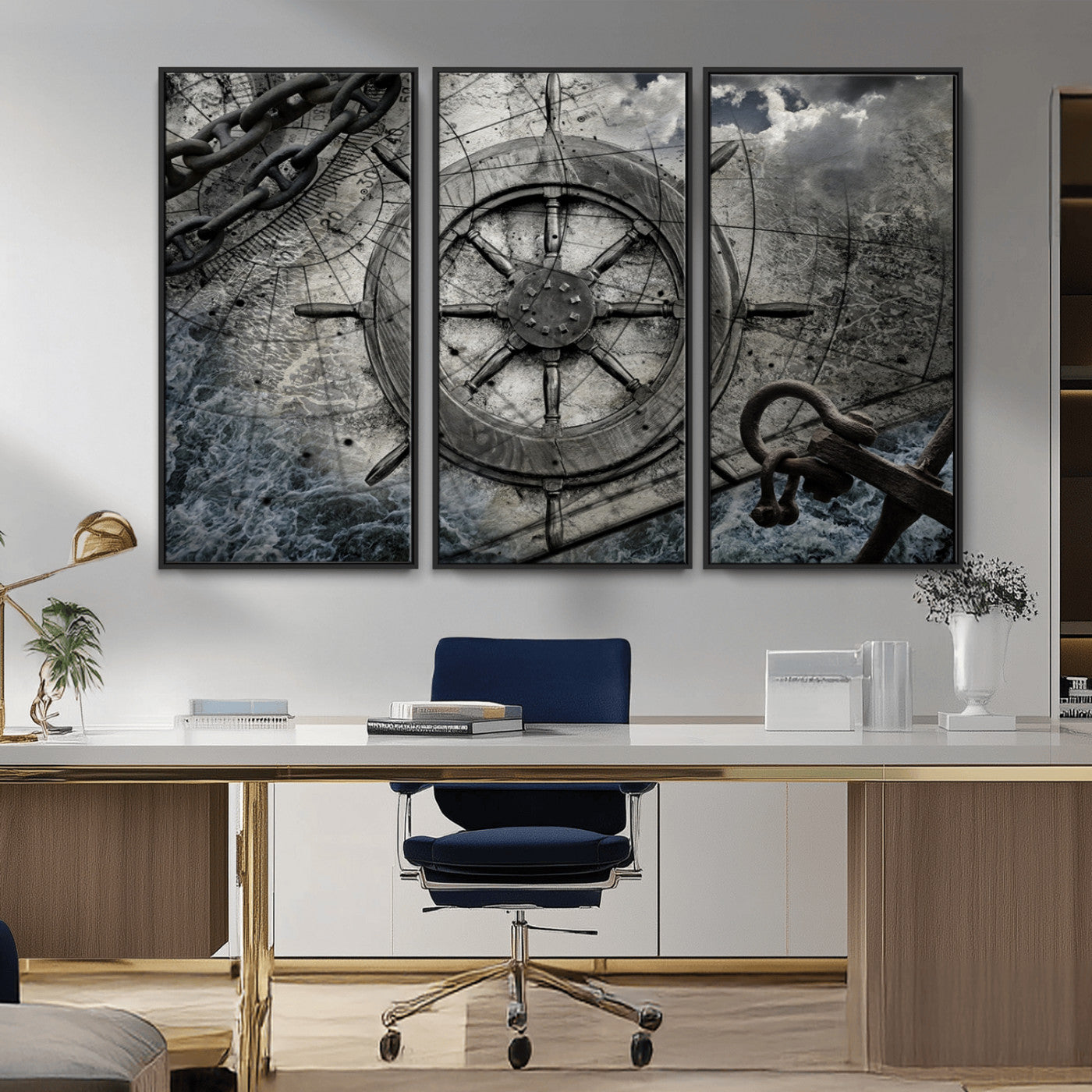 -Ship Steering Wheel Vintage Wall Art Canvas Print