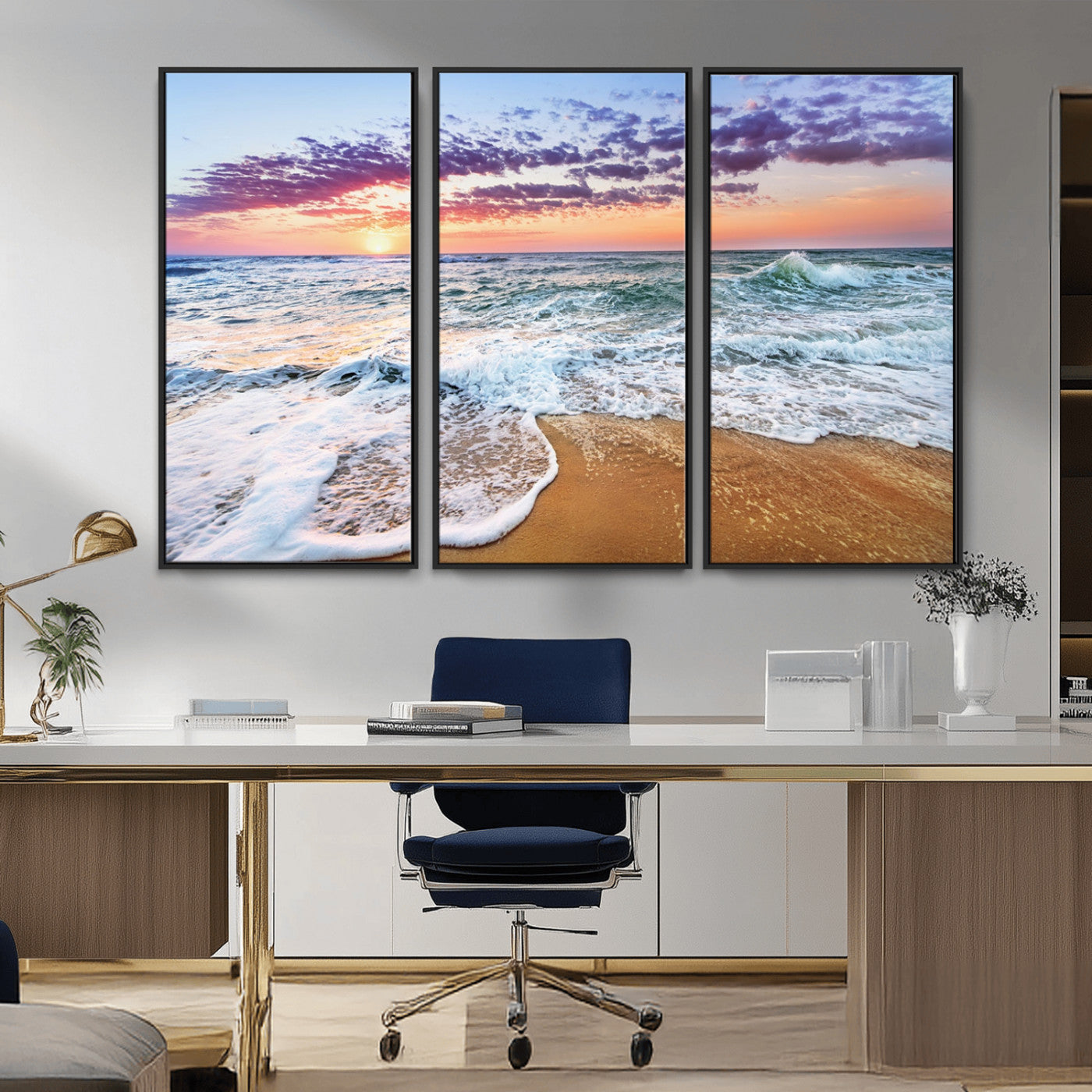 -Coastal Sunset Art Beach Canvas Wall Art Print | Ocean Waves Wall Art | Large 3-Panel Seascape for