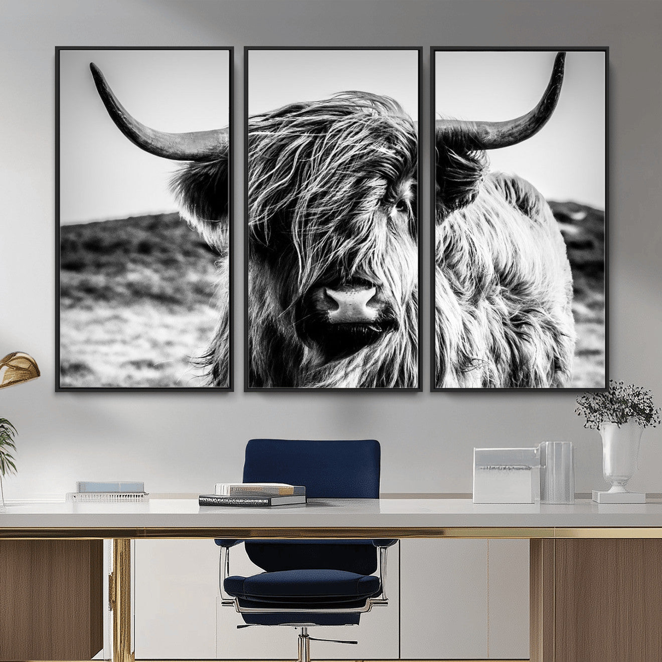 36979-MGV-CV-36X24 - Handsome Scottish Cow Black and White Wall Decor Canvas Art Print Extra Large Wall Art Highland Cattle Canvas Picture Animal Art Nature Photography High Quality Original Canvas Framed Ready to Hang