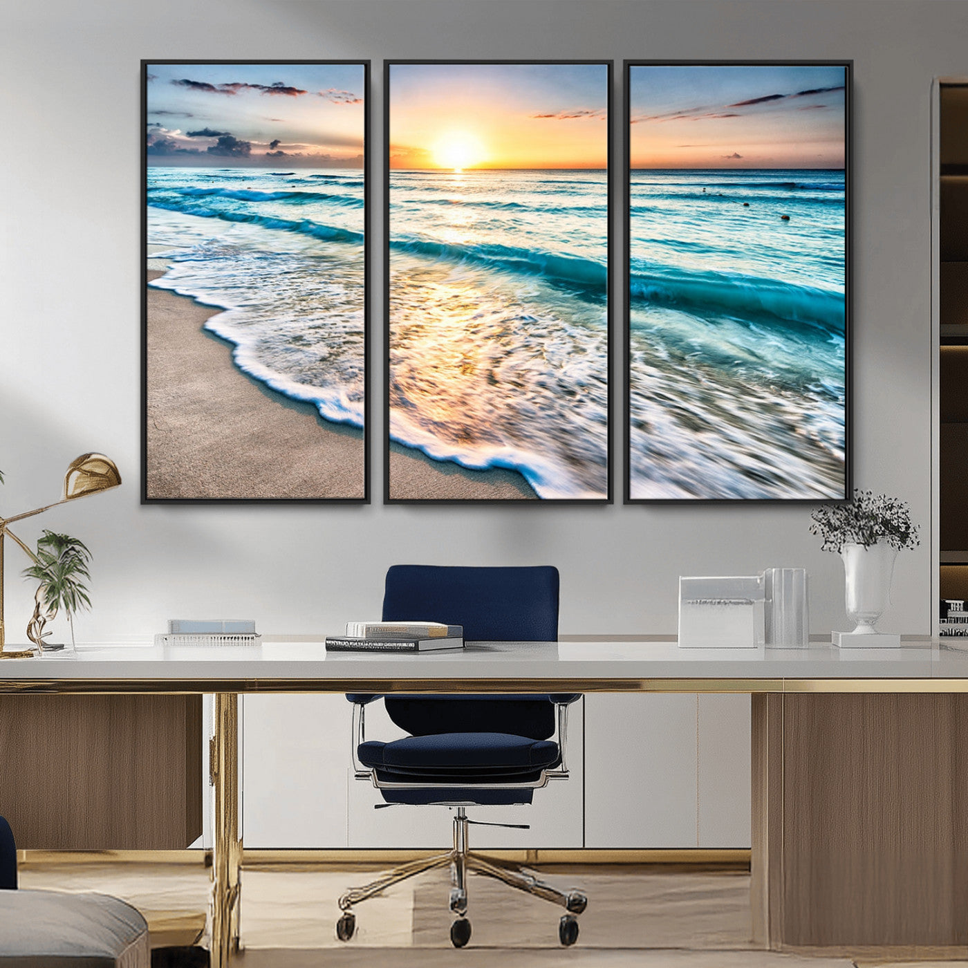 -Sunset Beach Waves Canvas Wall Art – 5-Panel Ocean Sunset Print – Coastal Decor for Living Room or