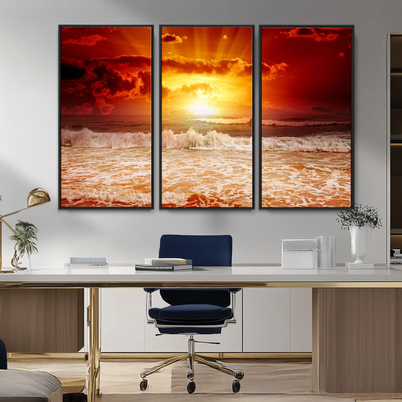 -Red Sunset Ocean Beach Canvas Wall Art Beach Canvas, Coastal Sunset Print