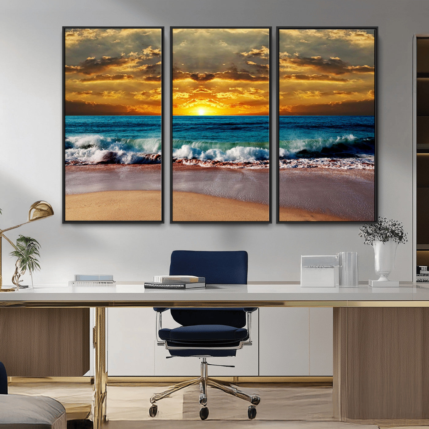 -Ocean Sunrise Over Golden Beach Waves, Giclee Canvas Wall Art Set, High-Quality Stretched Canvas