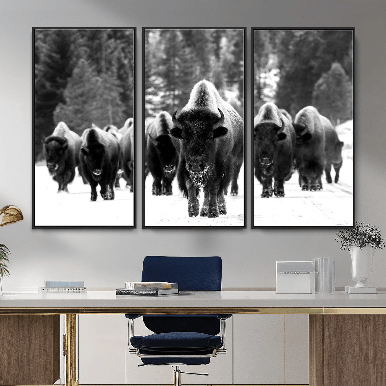 62434-MGV-CV-36X24 - Bison Herd in Snow Wall Art Canvas Print | Rustic Western Bison Wall Art for Decor for Living Room,