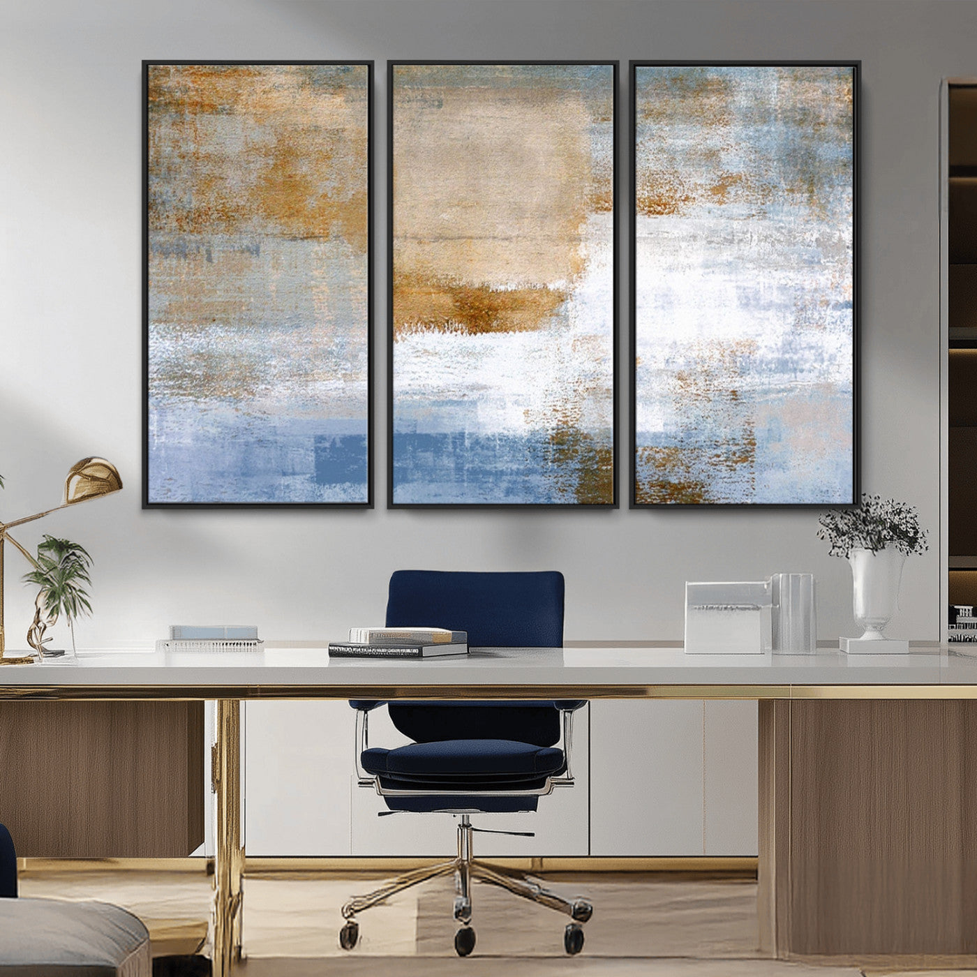 72354-MGV-CV-36X24-Blue Multi Panel Abstract Wall Art Canvas, Abstract Blue and Gold Canvas Print