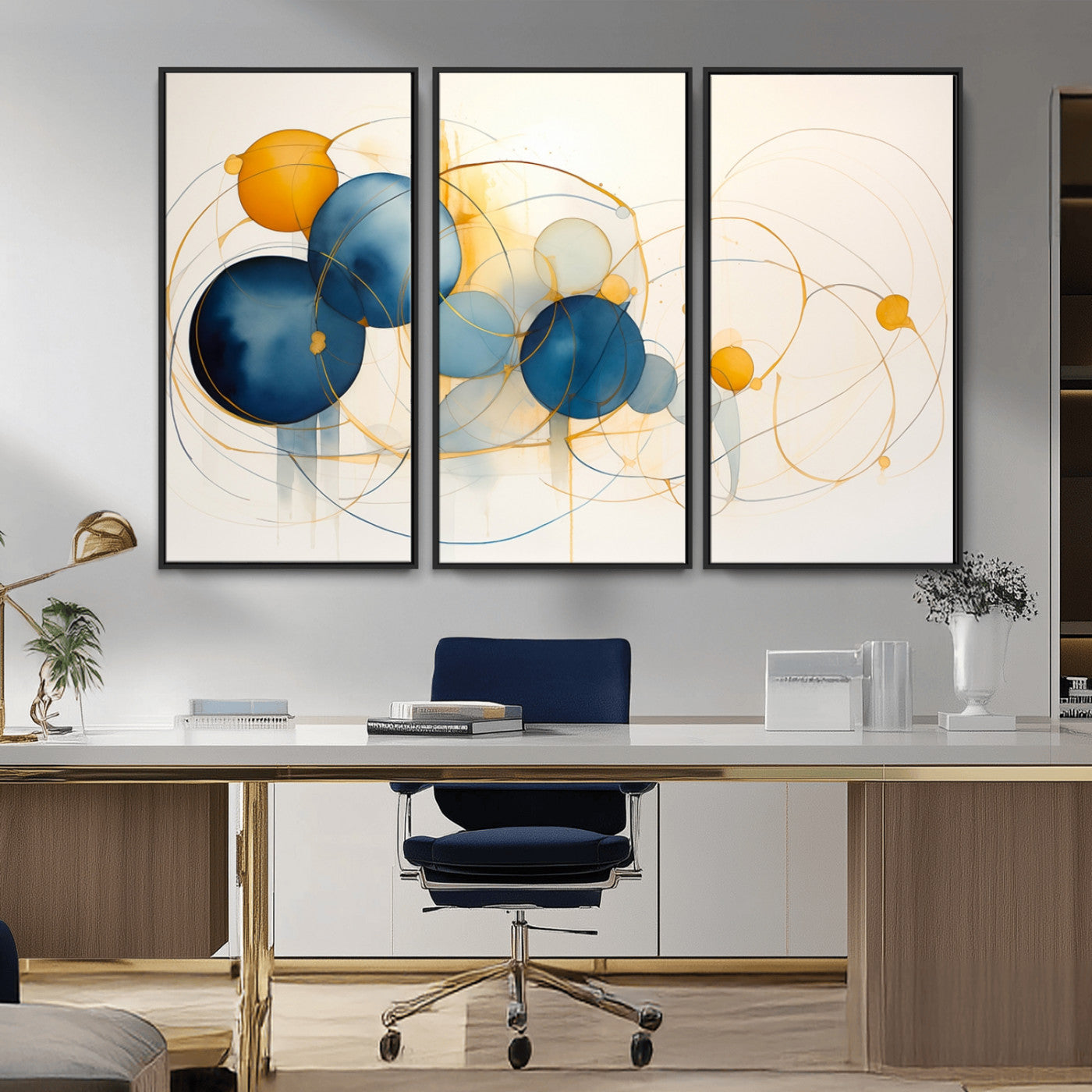 36188-MGV-FC-48X32-3P_Black-Geometric Blue Orange Abstract Wall Art Canvas, Geometric Blue Orange Canvas Print