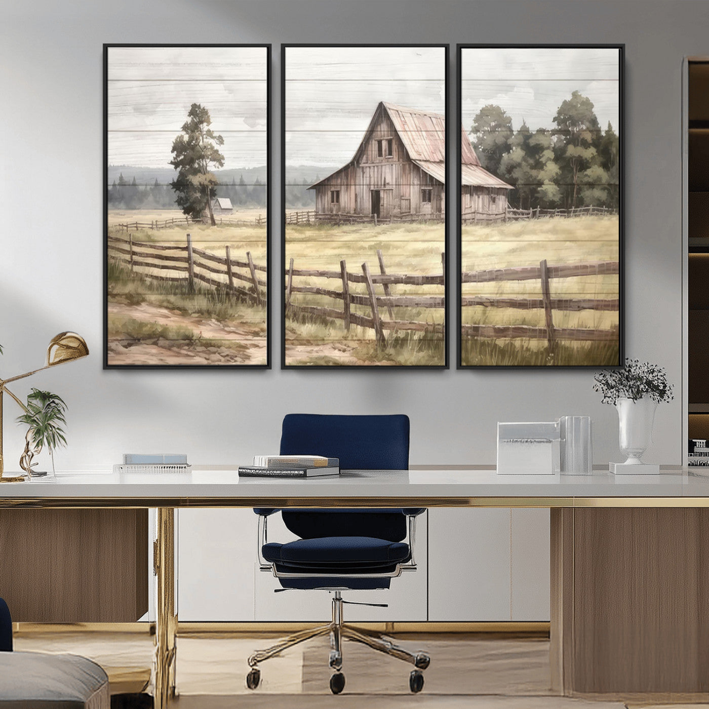 87489-MGV-CV-36X24-Rustic Farmhouse Barn Wall Art | 3-Panel Framed Gallery Wrap Giclee Canvas Print for Living Room,
