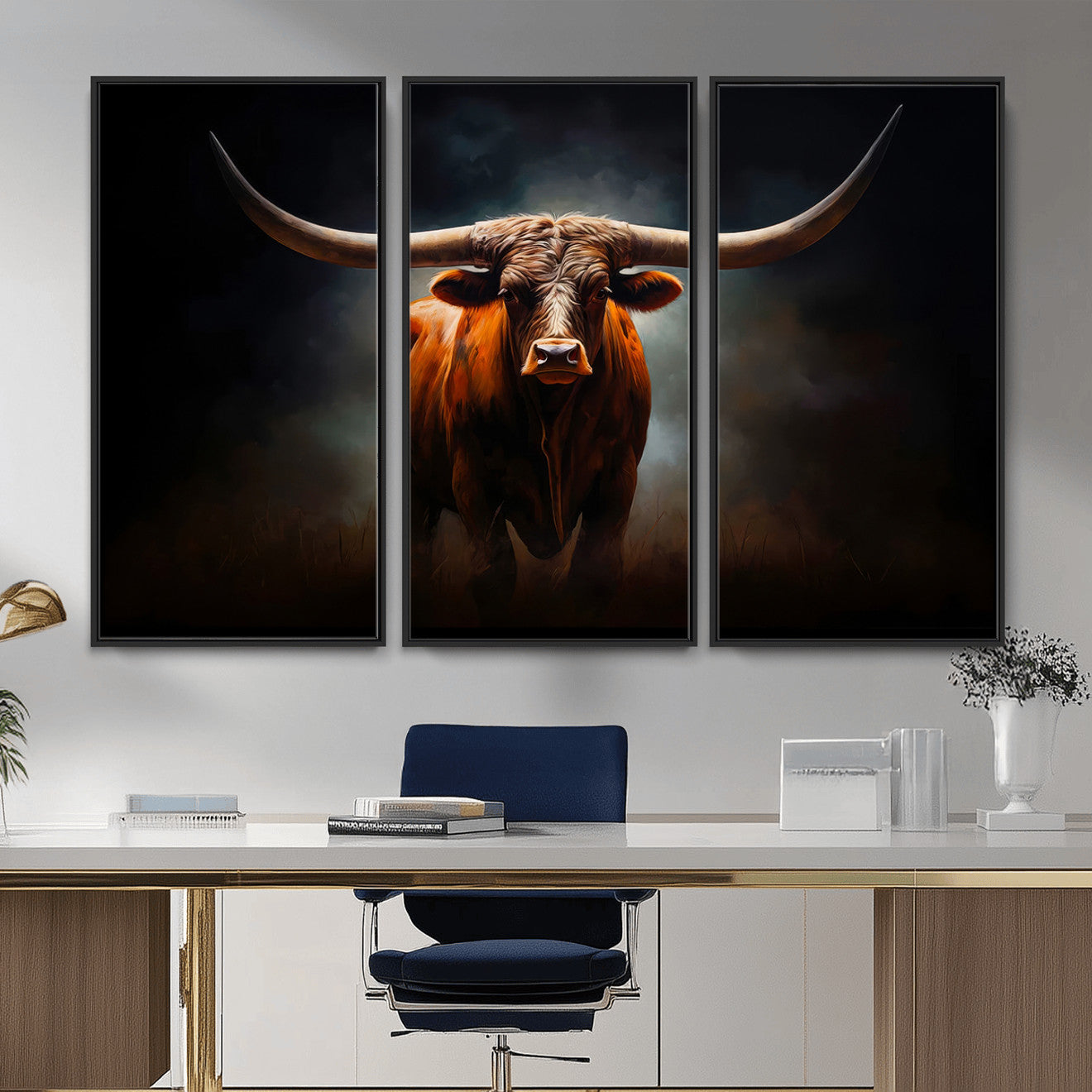 48896-MGV-CV-36X24 - Abstract Texas Longhorn Wall Art Print | 3-Panel Large Texas Longhorn Canvas Print for Living Room,