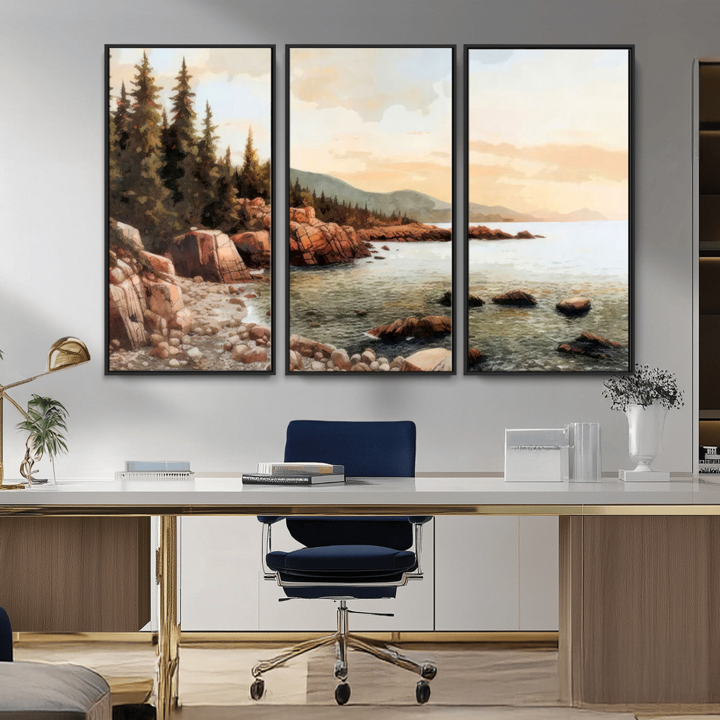 77145-MGV-FC-48X32-3P_Black-Serene Coastal View of Acadia National Park Wall Art - Stunning 3-Panel Wall Art Canvas Print,