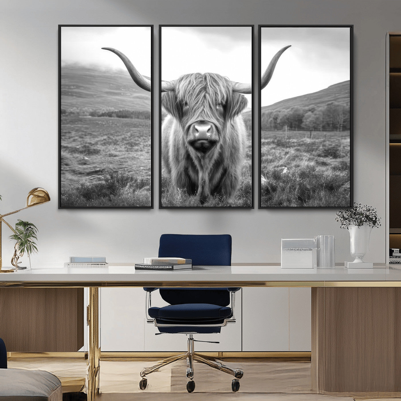 52903-MGV-FC-48X32-3P_Black-Black White Scottish Highland Cow Canvas Farm Wall Art Canvas Print Rustic Animal Art for Home, Office Decor
