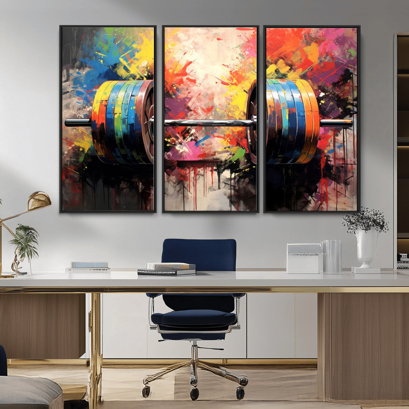 80436-MGV-FC-48X32-3P_Black-Weightlifting Barbell Art Triptych, Bold Abstract Fitness Wall Decor for Gym or Home, Giclee Canvas