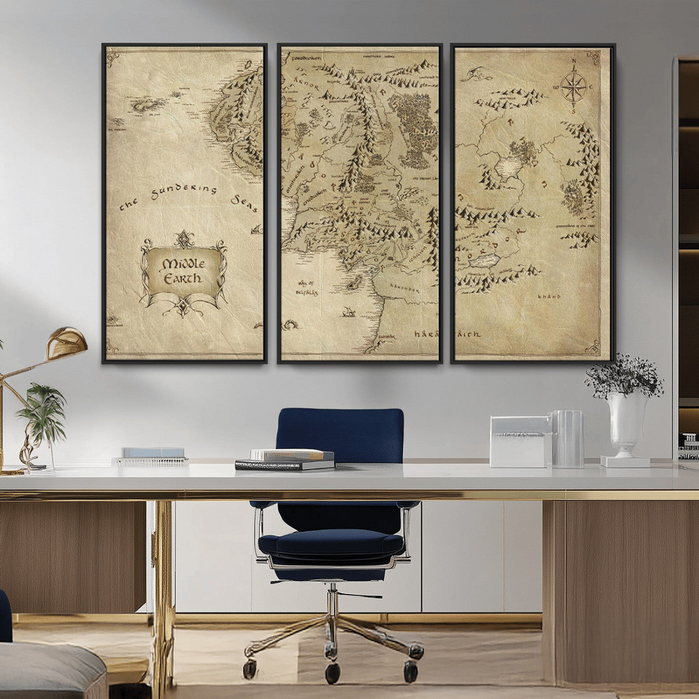 21784-MGV-CV-36X24-Vintage Middle Earth Map Wall Art Canvas – Lord of the Rings Inspired Framed Map Print, Classic Fantasy Decor for Home, Office