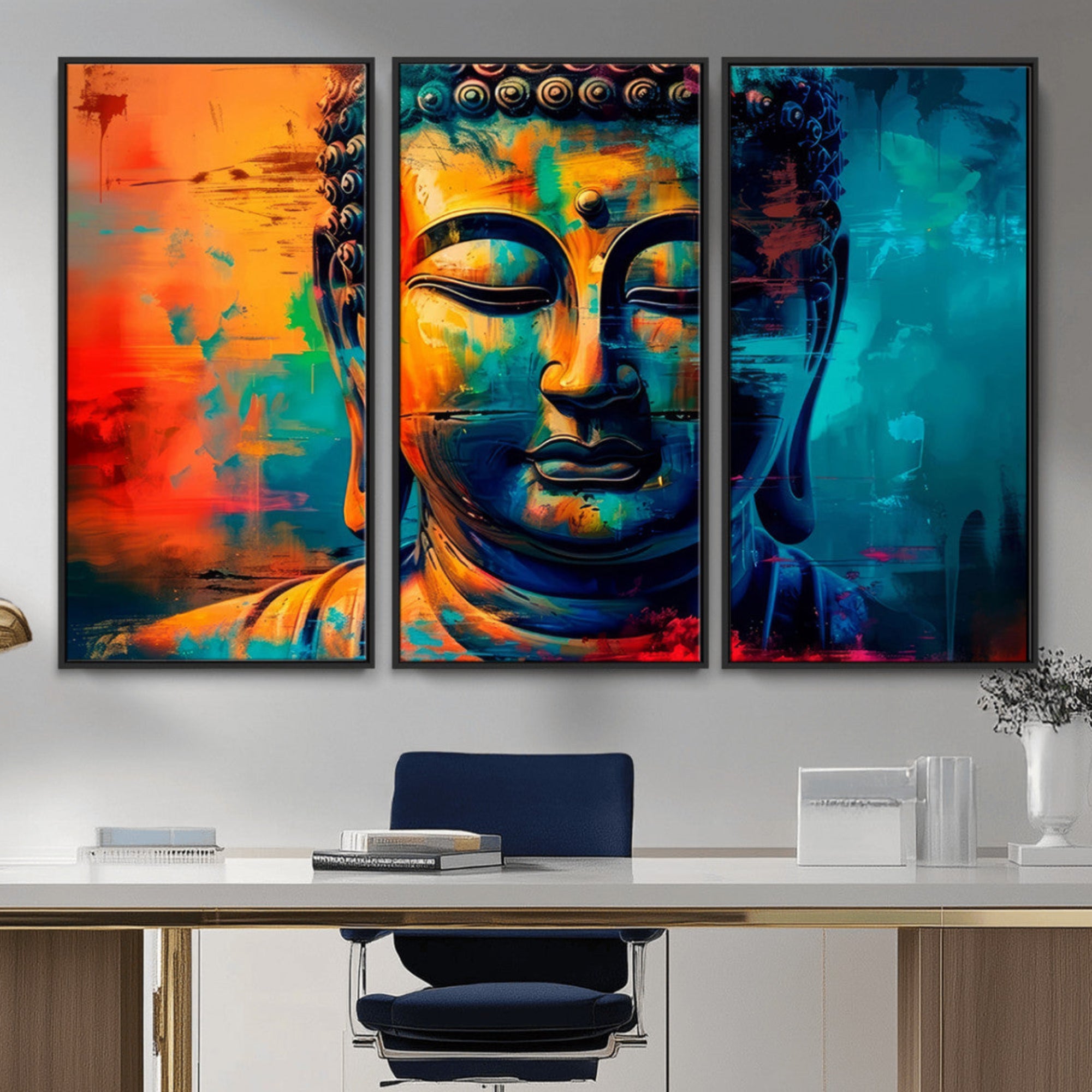 A vibrant, abstract artistic rendition of a Buddha statue face, blending bold and contrasting colors to evoke a sense of peace, spirituality, and enlightenment.