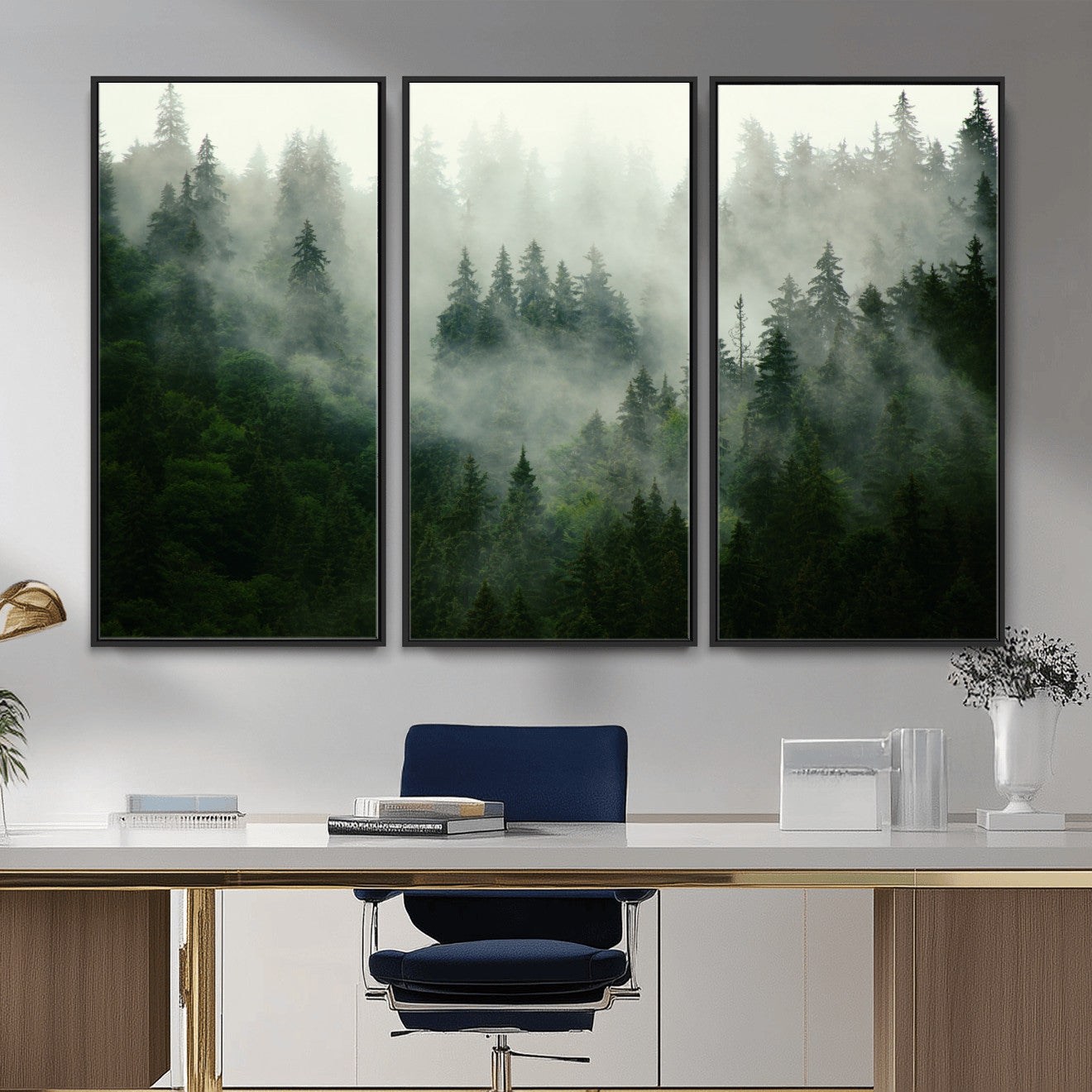 167720496-MGV-CV-36X24 - Misty Forest Mountain Wall Art Canvas | Large 3-Panel Foggy Landscape Canvas Print | Nature Misty