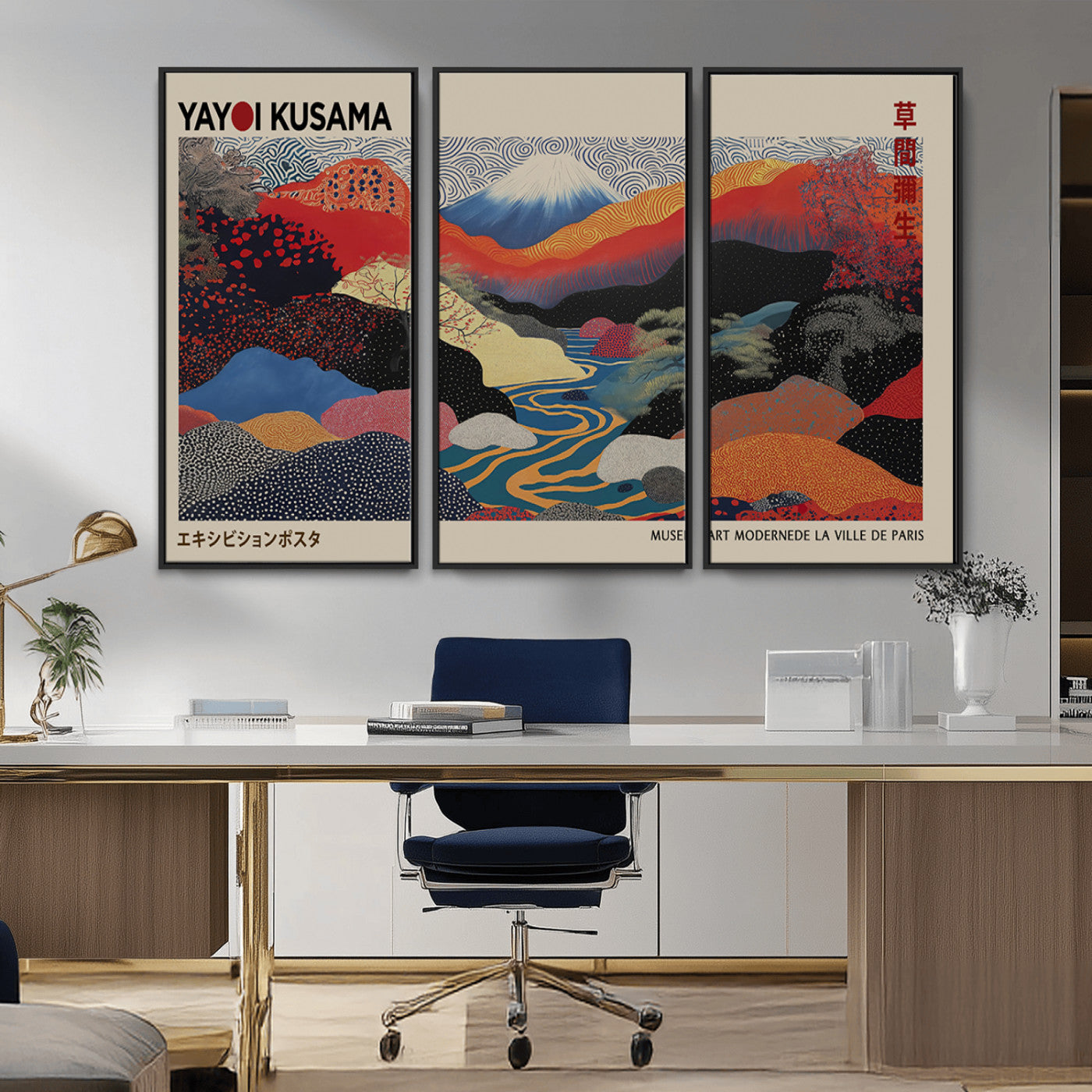 86784-MGV-FC-48X32-3P_Black-Yayoi Kusama Wall Art – Framed Japanese Abstract Art Print, Modern Wabi Sabi Inspired Canvas for Living Room, Office, or Gallery Decor