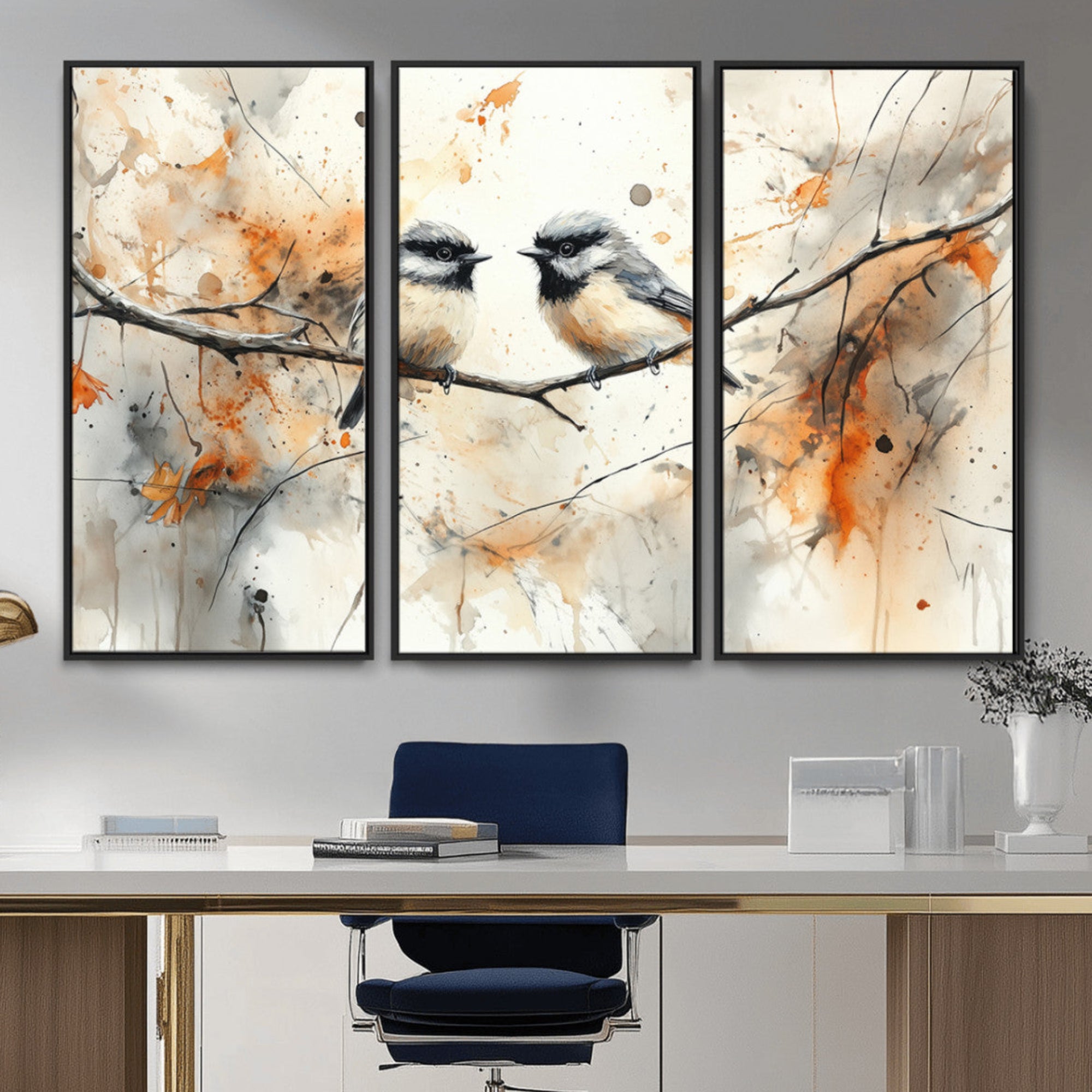 98244-MGV-CV-48X32-3P-Beautiful Birds Wall Art – Framed Watercolor Branch Canvas Artwork, Elegant Nature Design, Vibrant Decor for Home, Office