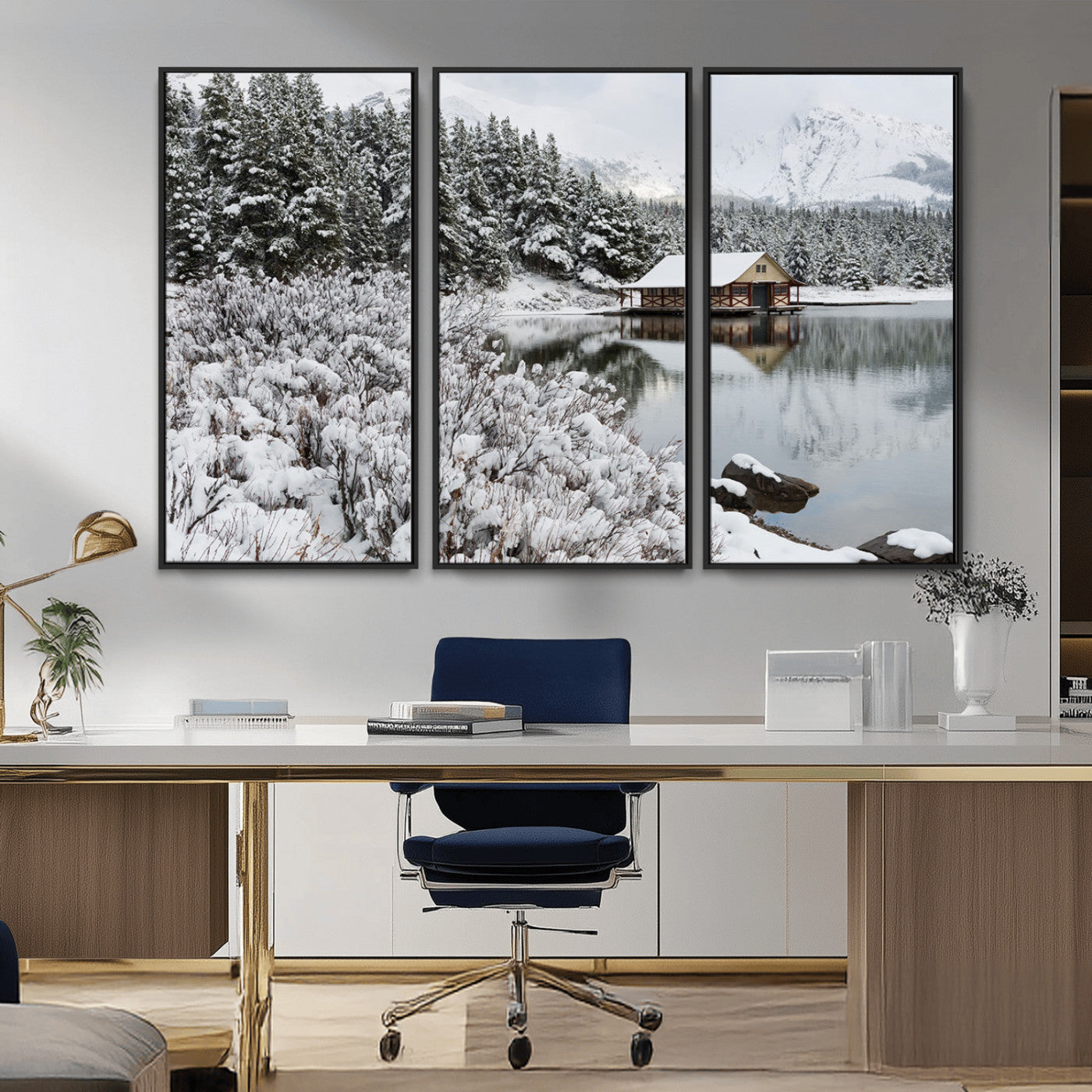 -Winter Wall Art - Cabin by the Lake Canvas Wall Art - Serene Snowy Landscape with Mountain View,