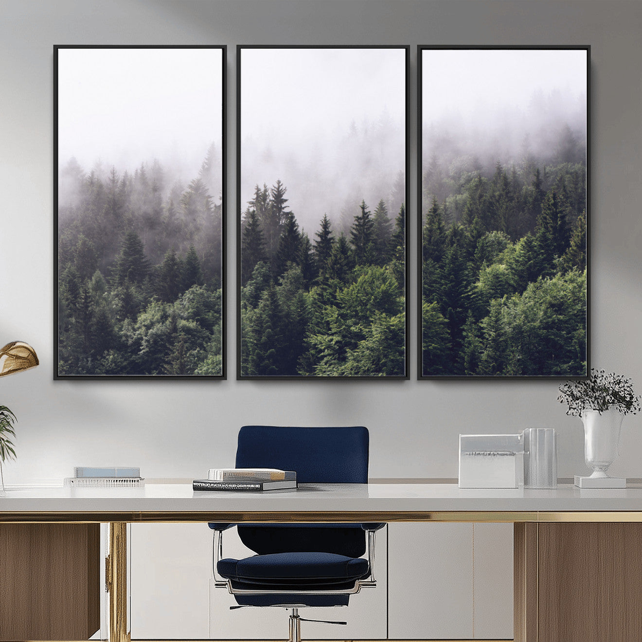 42578900-MGV-CV-36X24 - Misty Forest Canvas Wall Art – Serene Triptych Nature Print – Woodland Landscape Decor for Living
