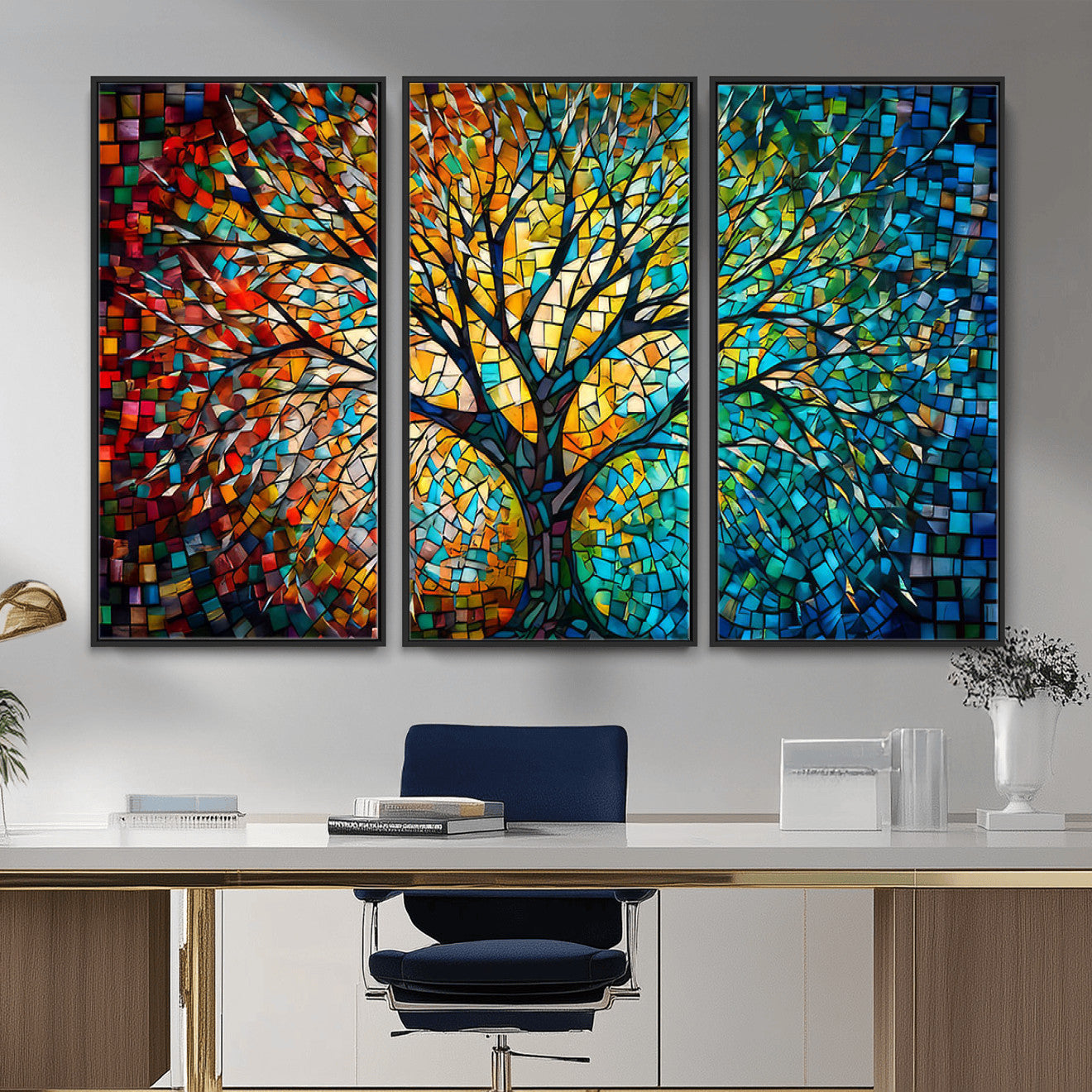 99325-MGV-CV-36X24 - Yggdrasil Tree of Life Wall Art Print Canvas | Mosaic Style 3-Panel Canvas Print