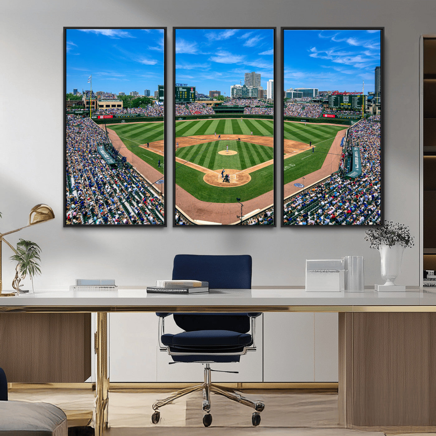 26064-MGV-CV-36X24-Wrigley Field Chicago Cubs Wall Art Canvas Print Framed Panoramic Multi-Piece Iconic Baseball Stadium Artwork for Home, Office