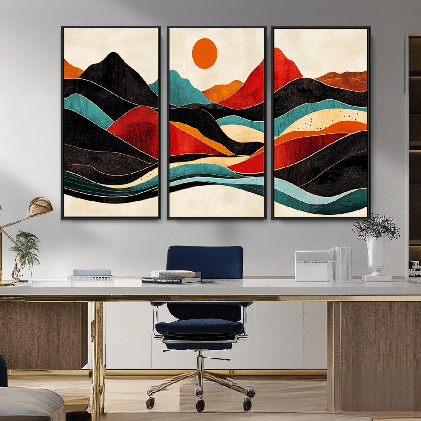 -Western Wall Decor - Large Triptych Mountain Canvas - Boho Woodland Wall Art Print - Framed