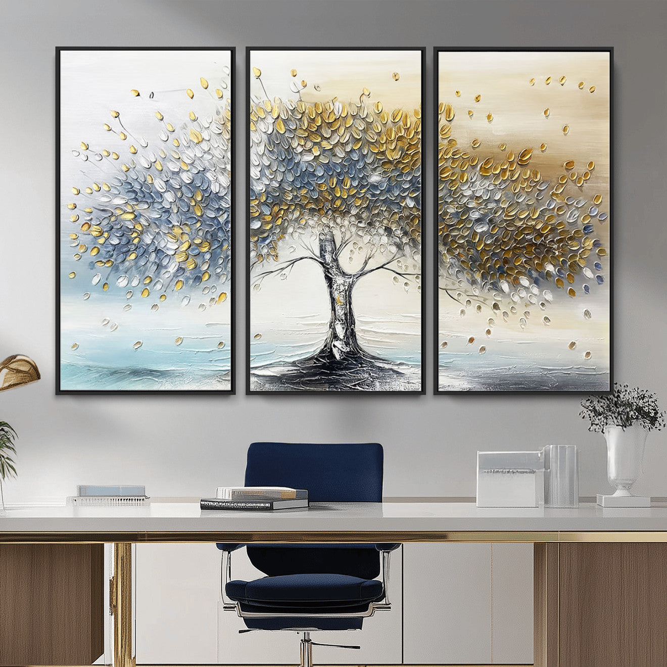 MGV-FC-48X32-3P - Golden & Silver Tree of Life Wall Art – Canvas Print with Whimsical Leaves Elegant Nature Design, Decorative Home, Office or Guest Room Decor