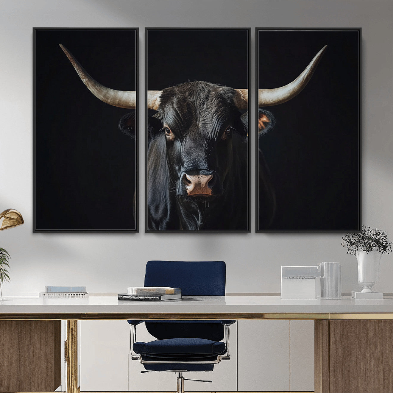 48065167-MGV-CV-36X24 - Texas Longhorn Bull Wall Art Canvas Print – Western Black Bull Art Print for Farmhouse Ranch Decor