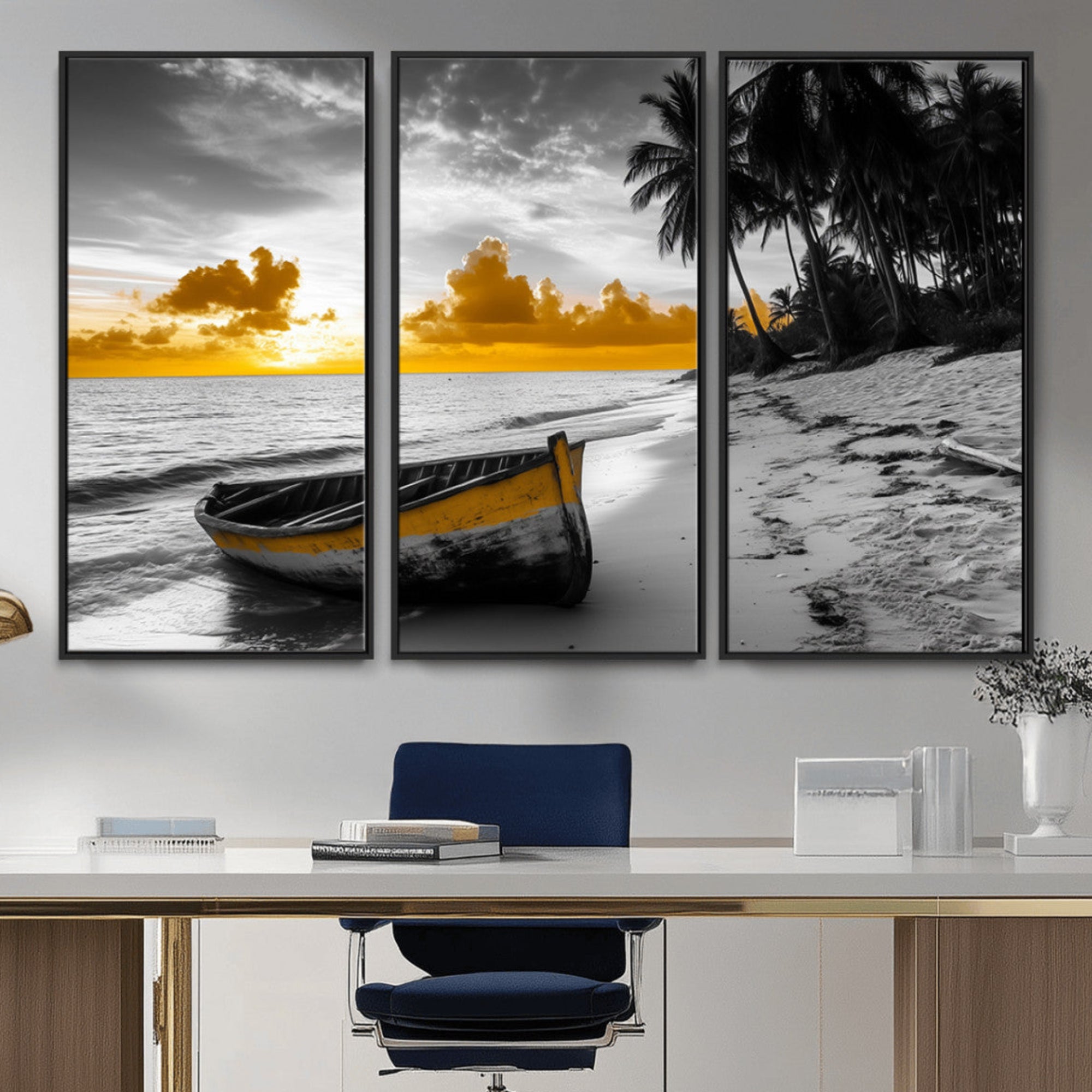 11727511-MGV-CV-48X32-3P-Yellow Rowboat Wall Art – Framed Tropical Shoreline Canvas Artwork, Sunset Beach Design, Serene Coastal Decor for Home, Office