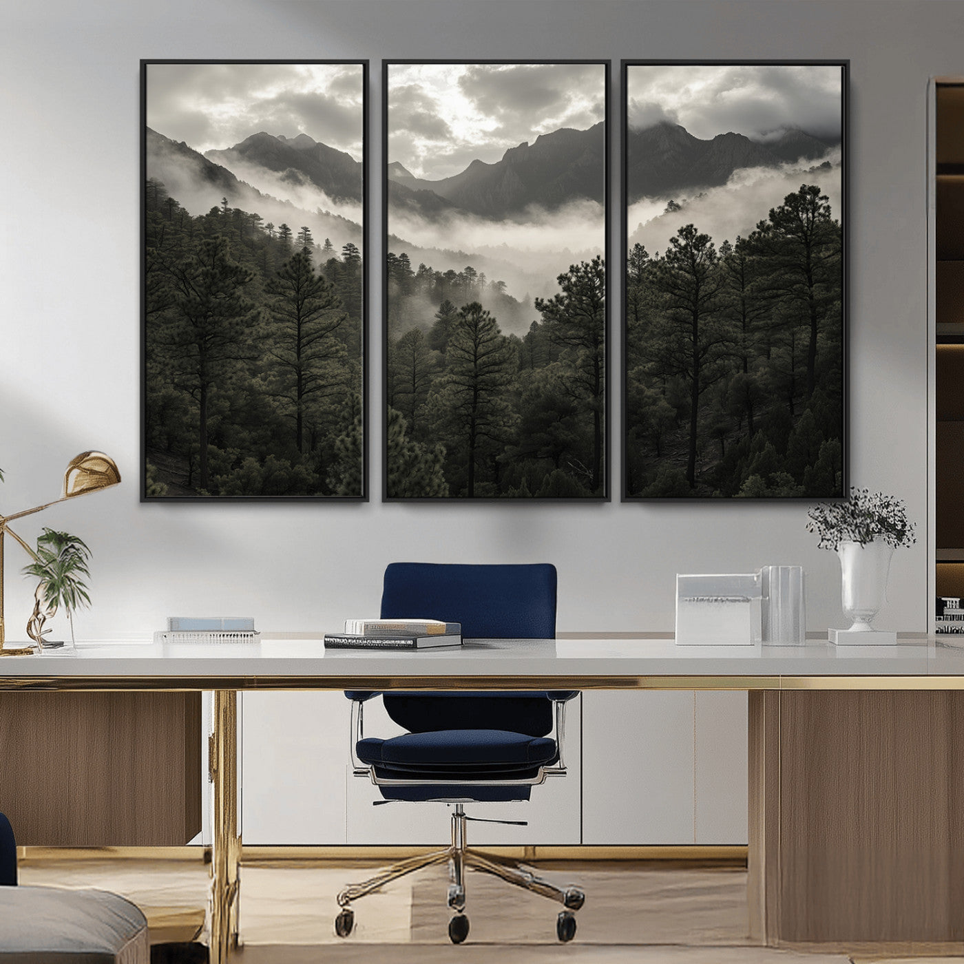 Canvas of moody pine forest and foggy mountain peaks under overcast skies, ideal for calm and rustic woodland-themed home decor.
