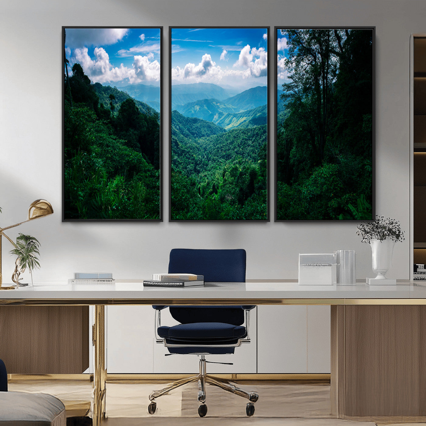 Canvas of a misty tropical jungle with vibrant greenery and layered blue mountains, ideal for exotic nature-themed wall décor.