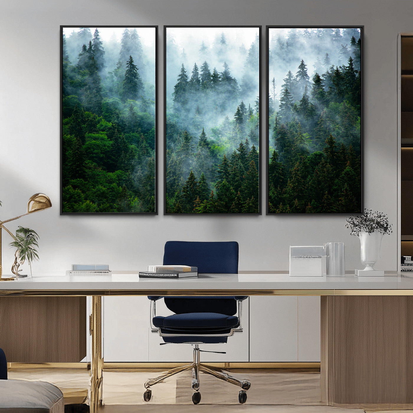 17393683-MGV-CV-48X32-3P-Misty Forest Wall Art Canvas Print – Framed Foggy Mountain Landscape Artwork, Serene Scenic Decor for Home, Office