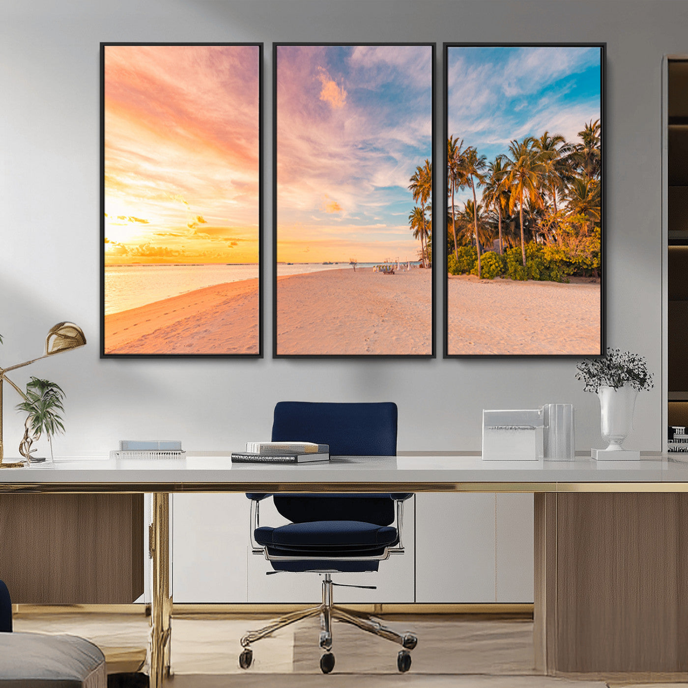 Tropical beach canvas with palm trees and soft sunset tones, ideal for coastal or beach-style home décor in warm pastel hues.