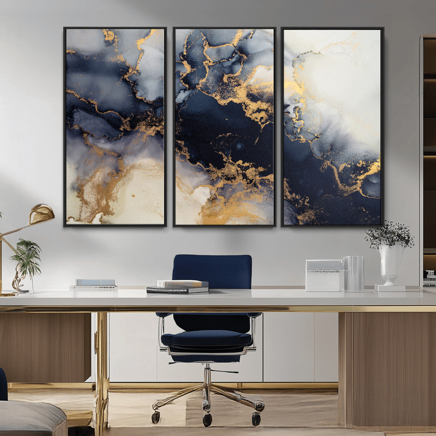 41136487-MGV-CV-48X32-3P-Black Marble Wall Art Canvas Print – Framed Abstract Gold Veins Elegant Luxury Design Decor for Home, Office