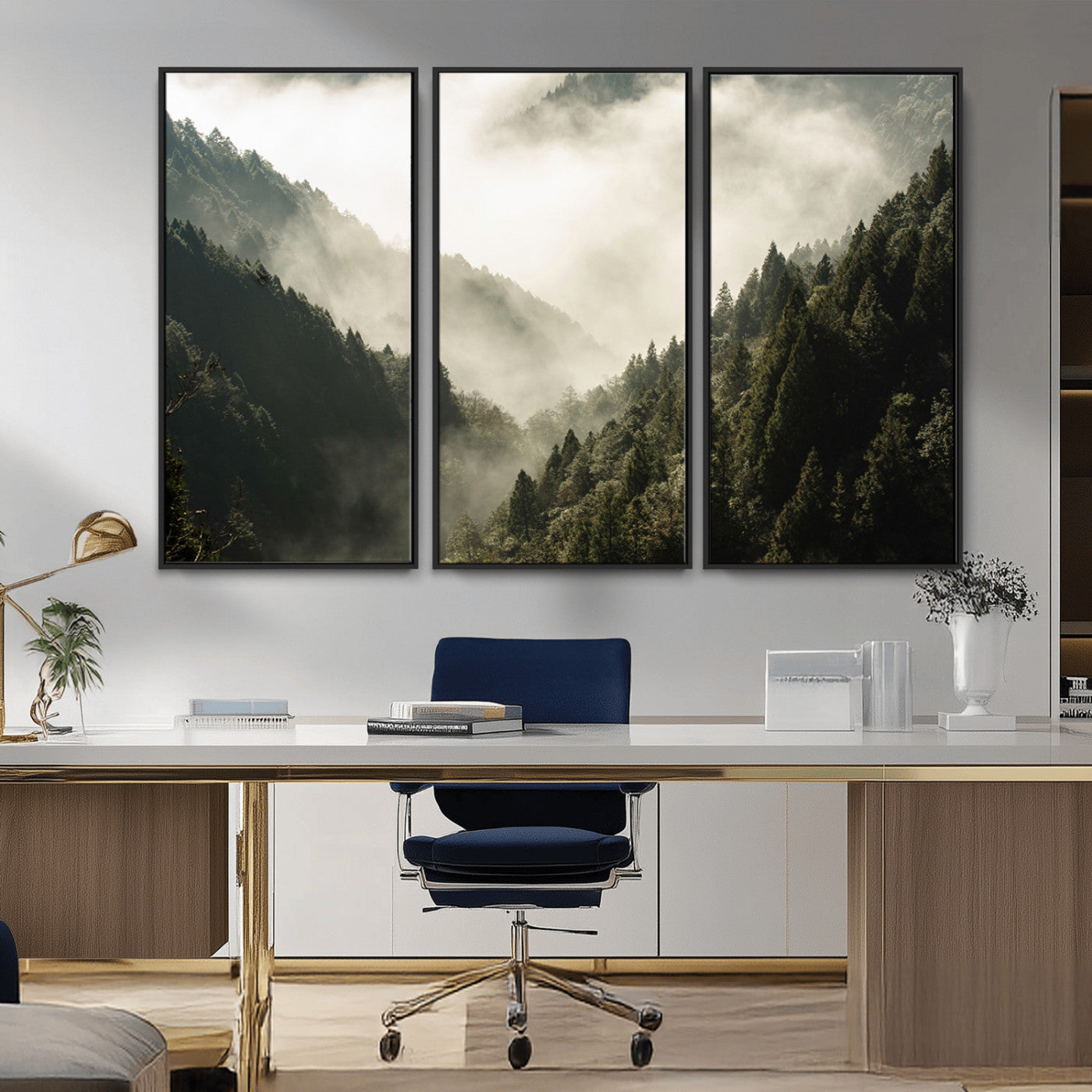 Canvas showing a misty pine forest valley with layered green hills and soft fog, perfect for moody or nature-themed decor styles.