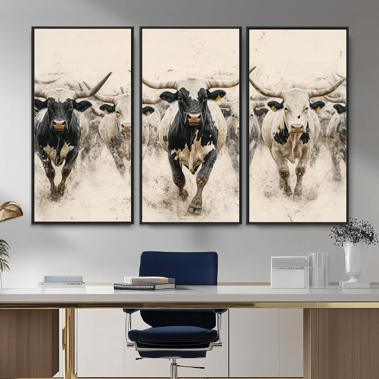 MGV-FC-48X32-3P - Cream Dust Longhorn Wall Art – Canvas Print of Western Herd Stampede, Dynamic Charge, Rustic Prairie Motion, Bold Nature Farm Decor