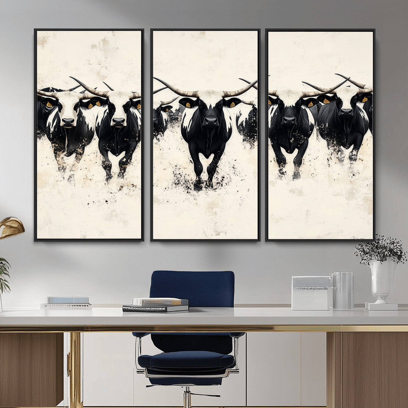MGV-FC-48X32-3P - Longhorn Cattle Wall Art – Canvas Print of Herd in Motion, Symmetry and Ink Splatter, Minimalist Western Ranch, Bold Rustic Farm Decor