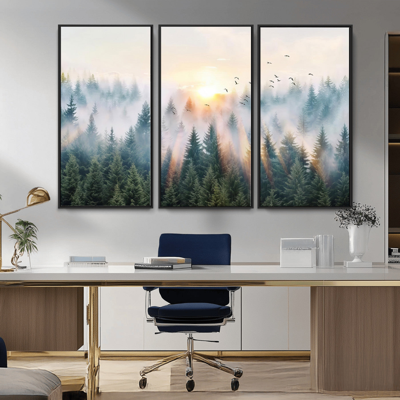 92718976-MGV-FC-48X32-3P_Black-Misty Pine Forest Wall Art Canvas, Sunrise Over Foggy Trees Canvas for Home - Office, Framed