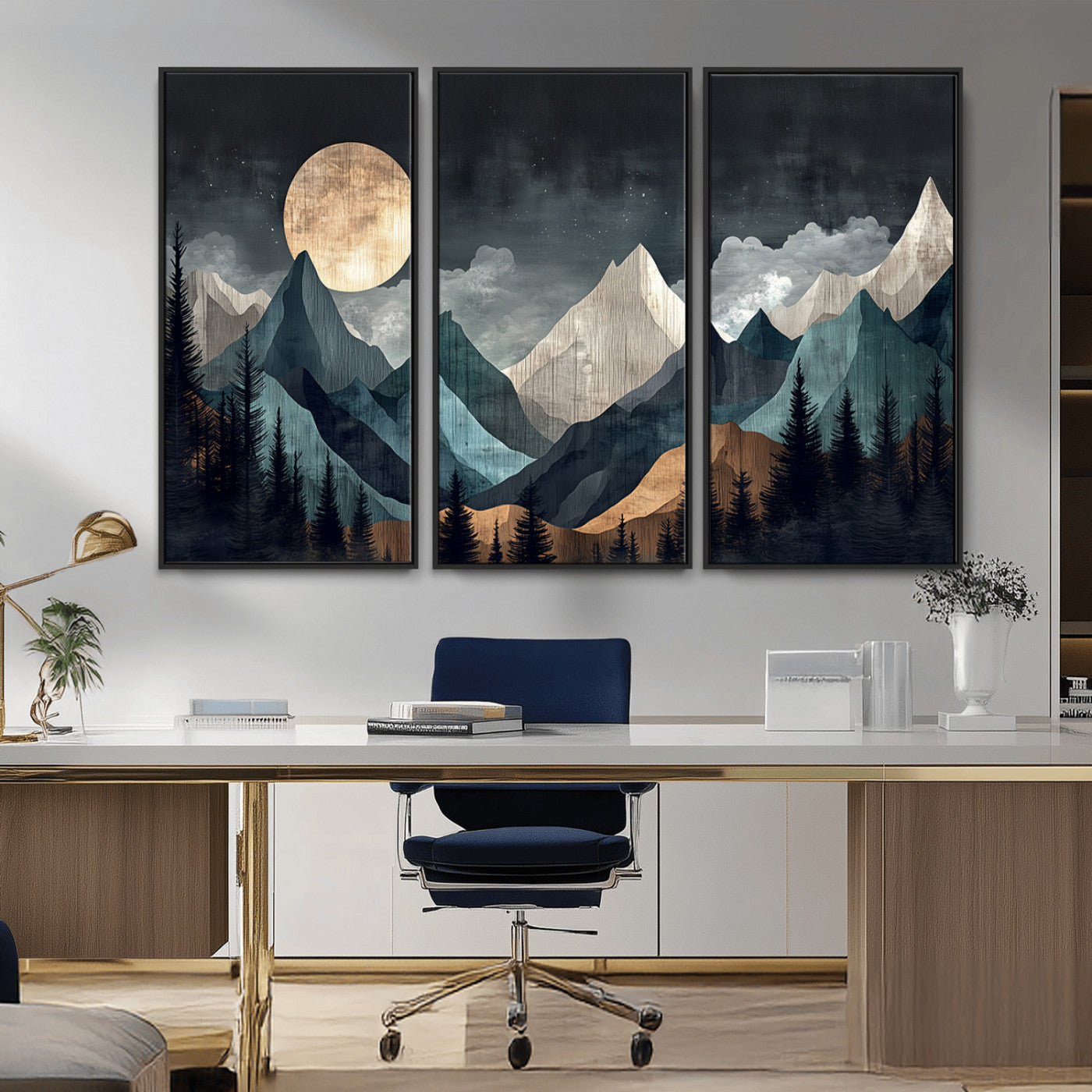 11060882-MGV-CV-36X24-Moonlit Mountain Wall Art Canvas Print – Silhouetted Pines Layered Peaks Tranquil Sky Mist Silver Light Nature Artwork for Home