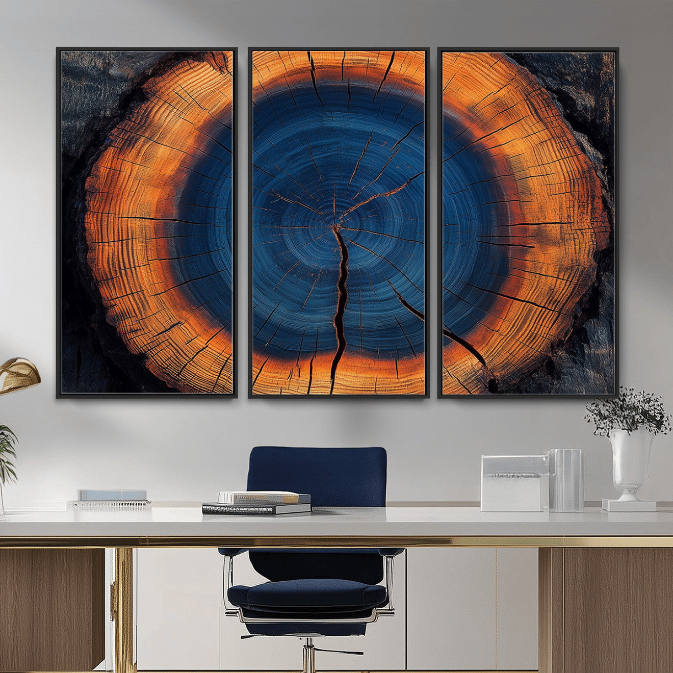 MGV-FC-48X32-3P - Abstract Tree Ring Wall Art Print, Natural Rustic Wood Texture Canvas Print, Framed Tree Ring Printing, Wood Tree Stump Artwork Canvas Print