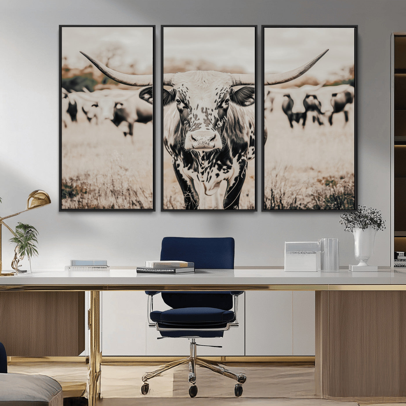 -Texas Longhorn Wall Art Canvas Print, Framed Speckled Cow Art Picture Print, Horned Cattle Perfect Rustic Western Decor Artwork