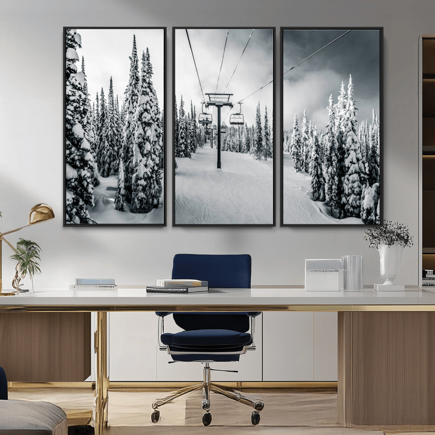 31156828-MGV-CV-36X24-Snowy Pines Wall Art Canvas Print – Framed Ski Lift Winter Forest Snowy Landscape Moody Lodge Artwork for Home, Office