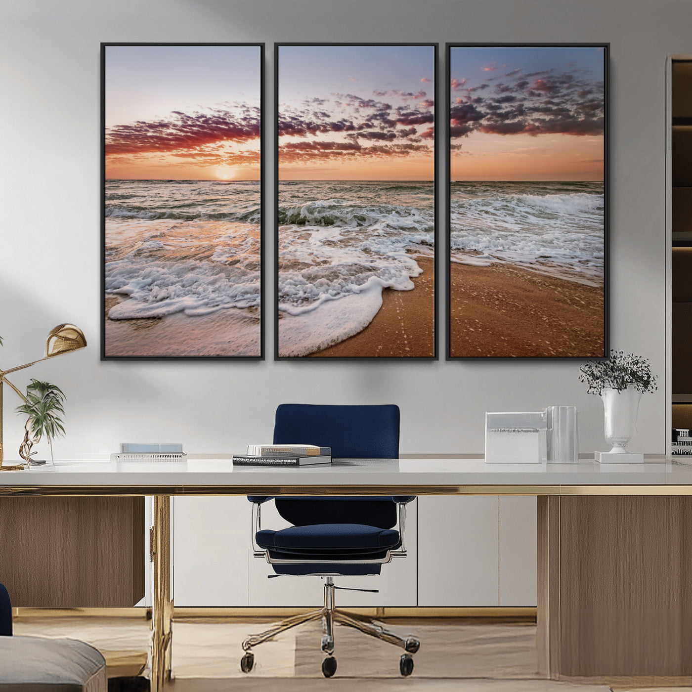 39846389-MGV-CV-36X24-Ocean Sunset Wall Art Canvas Print – Framed Sandy Shore Gentle Waves Coastal Landscape Minimalist Artwork for Home, Office
